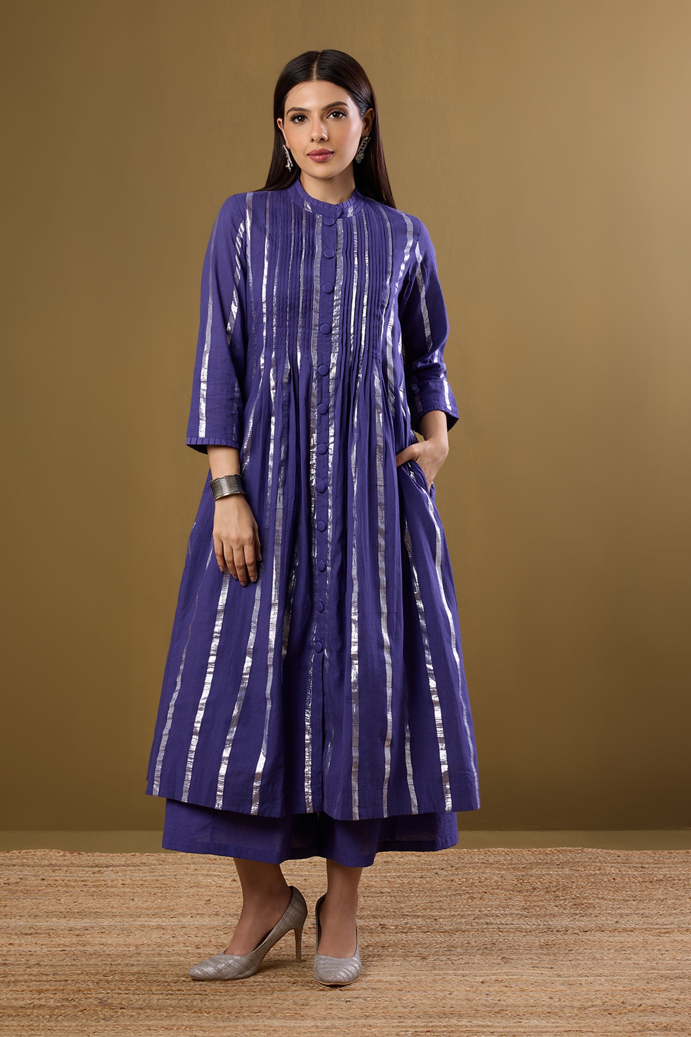 Amethyst Gleam Pleated Pintuck Button Down Dress