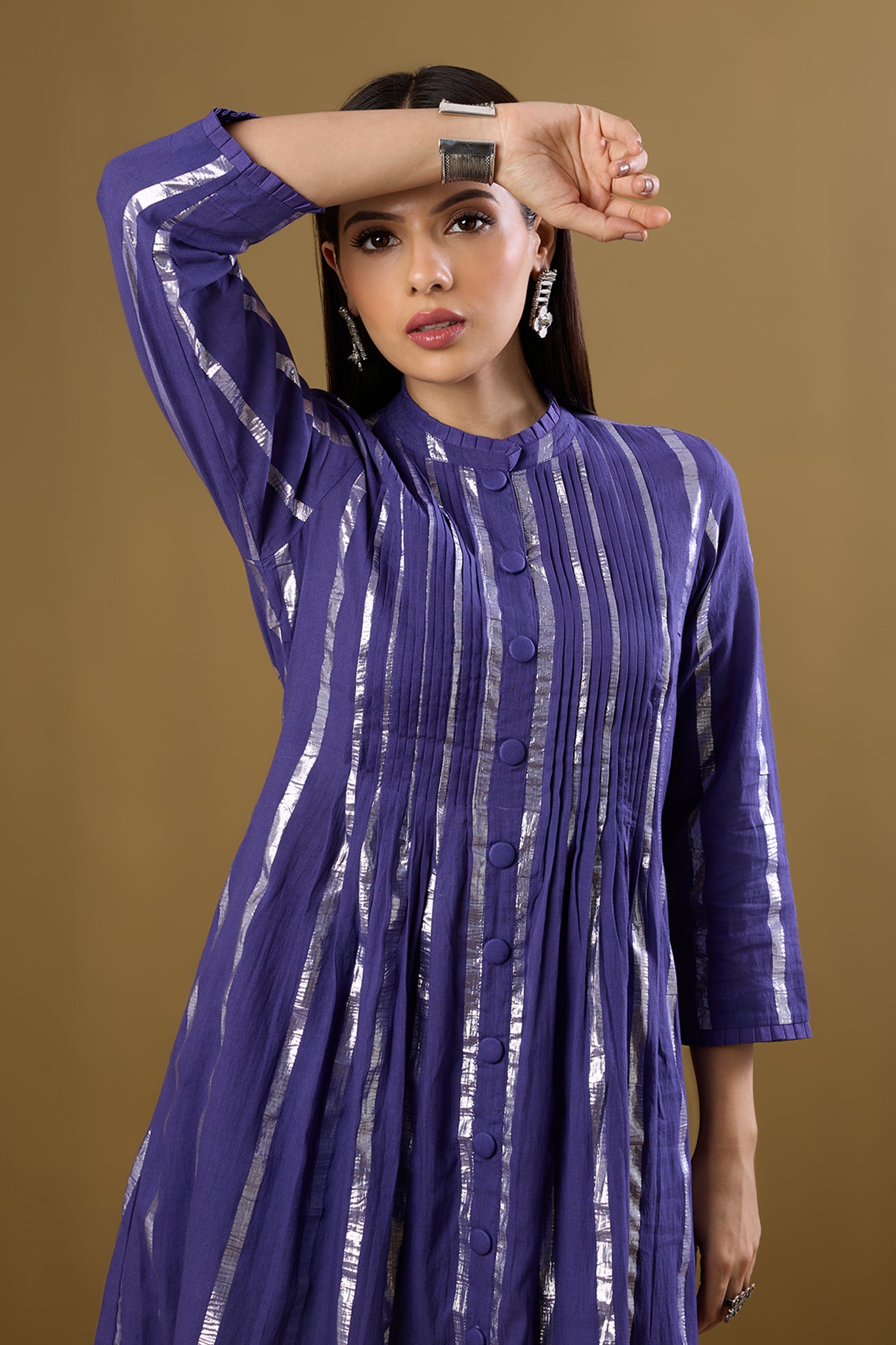 Amethyst Gleam Pleated Pintuck Button Down Dress