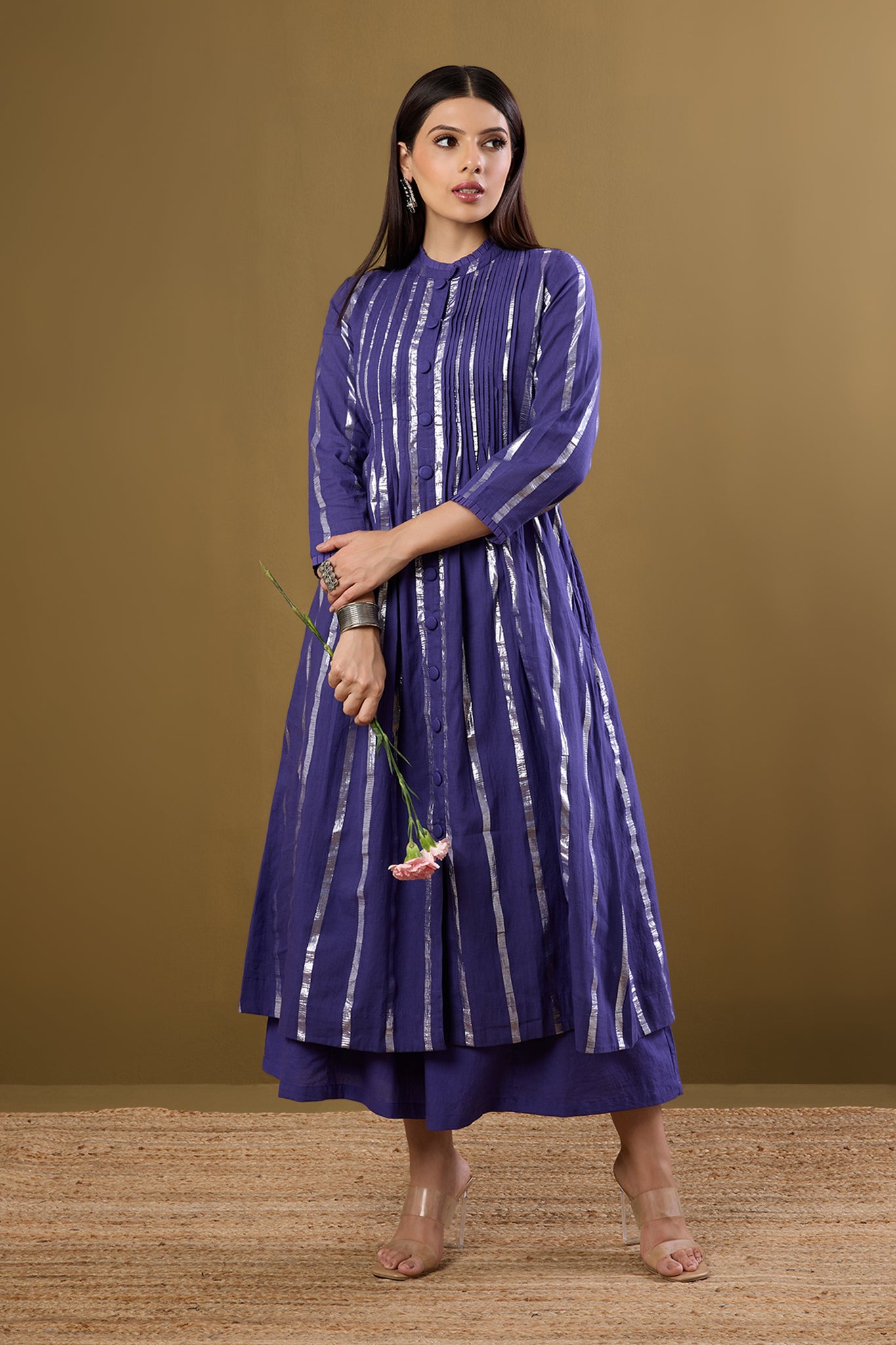 Amethyst Gleam Pleated Pintuck Button Down Dress