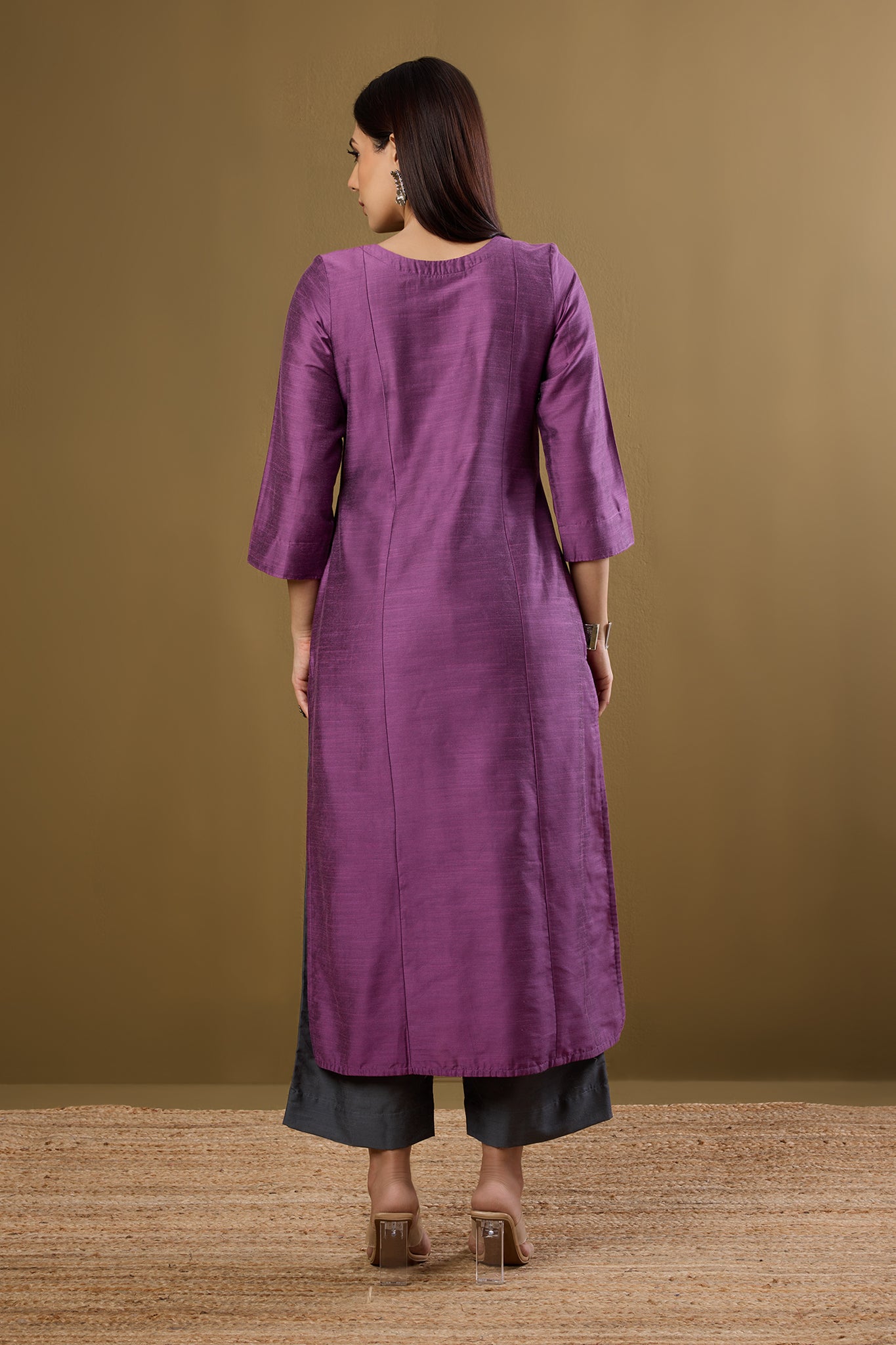 Blossoms in Dustlight Long Luxe Silk Slub Kurta with Yoke & Slit