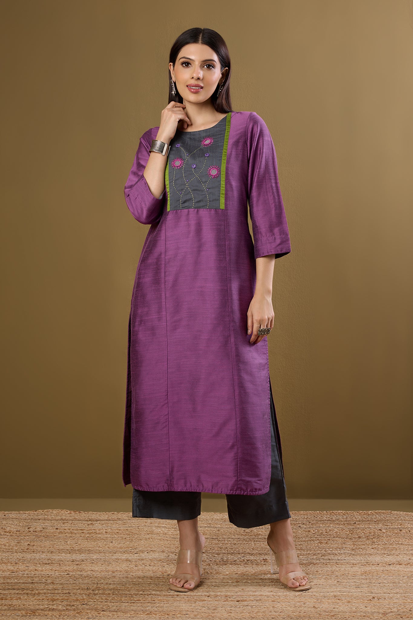 Blossoms in Dustlight Long Luxe Silk Slub Kurta with Yoke & Slit