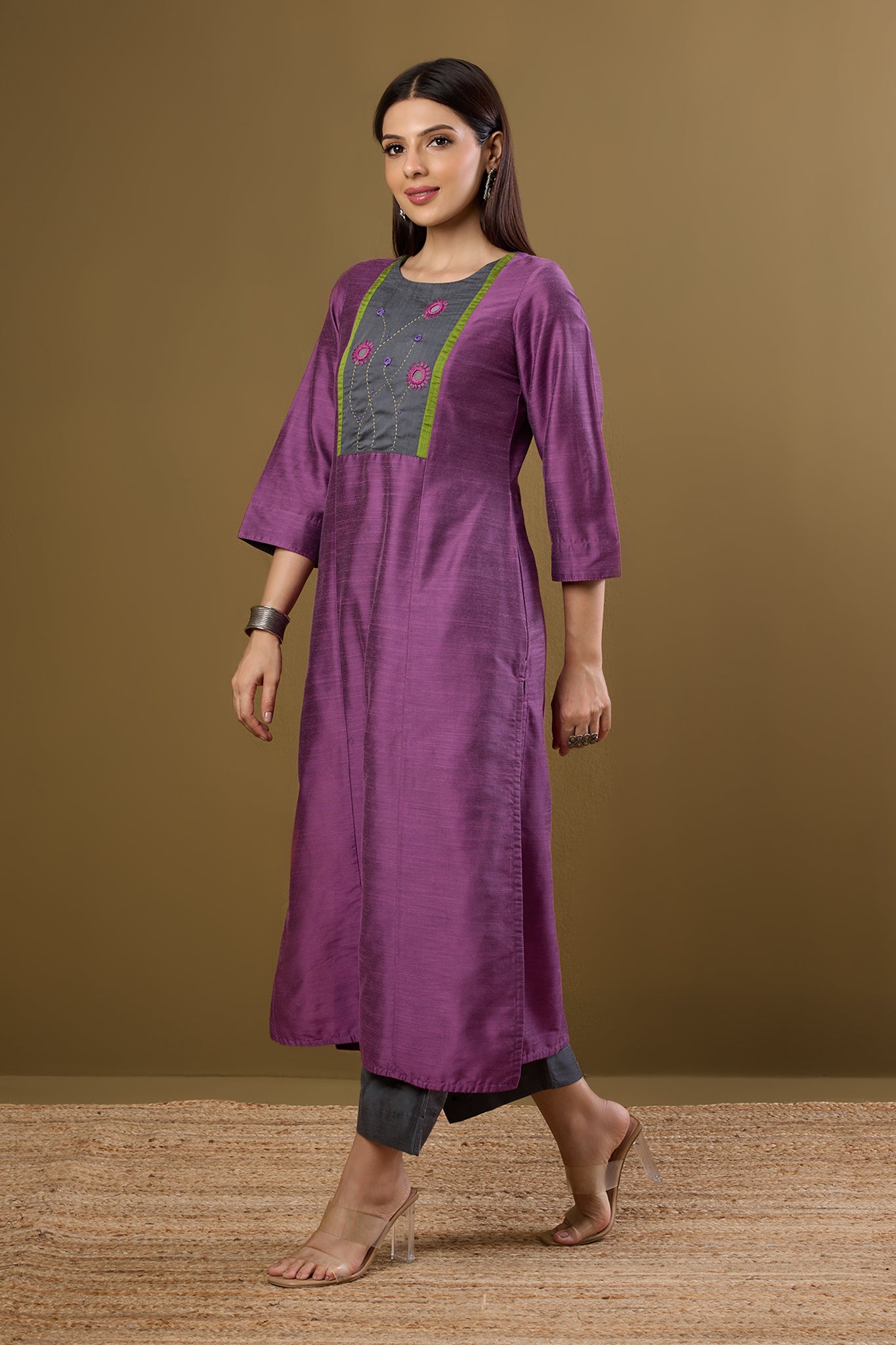 Blossoms in Dustlight Long Luxe Silk Slub Kurta with Yoke & Slit
