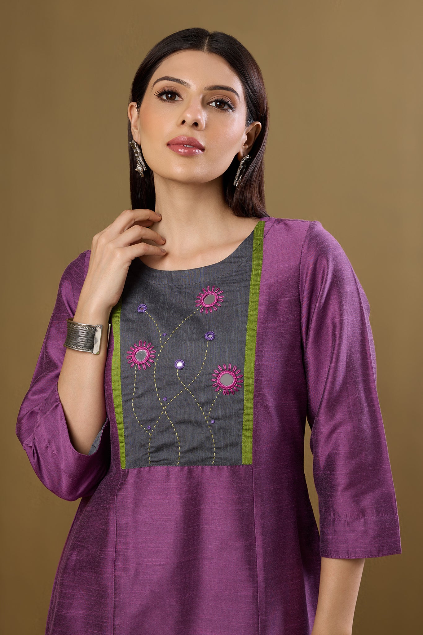 Blossoms in Dustlight Long Luxe Silk Slub Kurta with Yoke & Slit