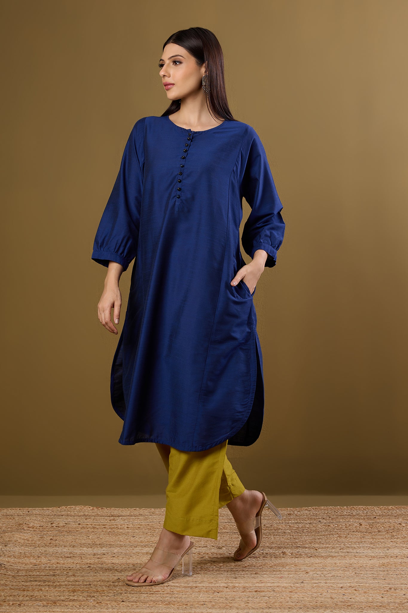 Deep Ink Round Hemline Silk Slub Kurta