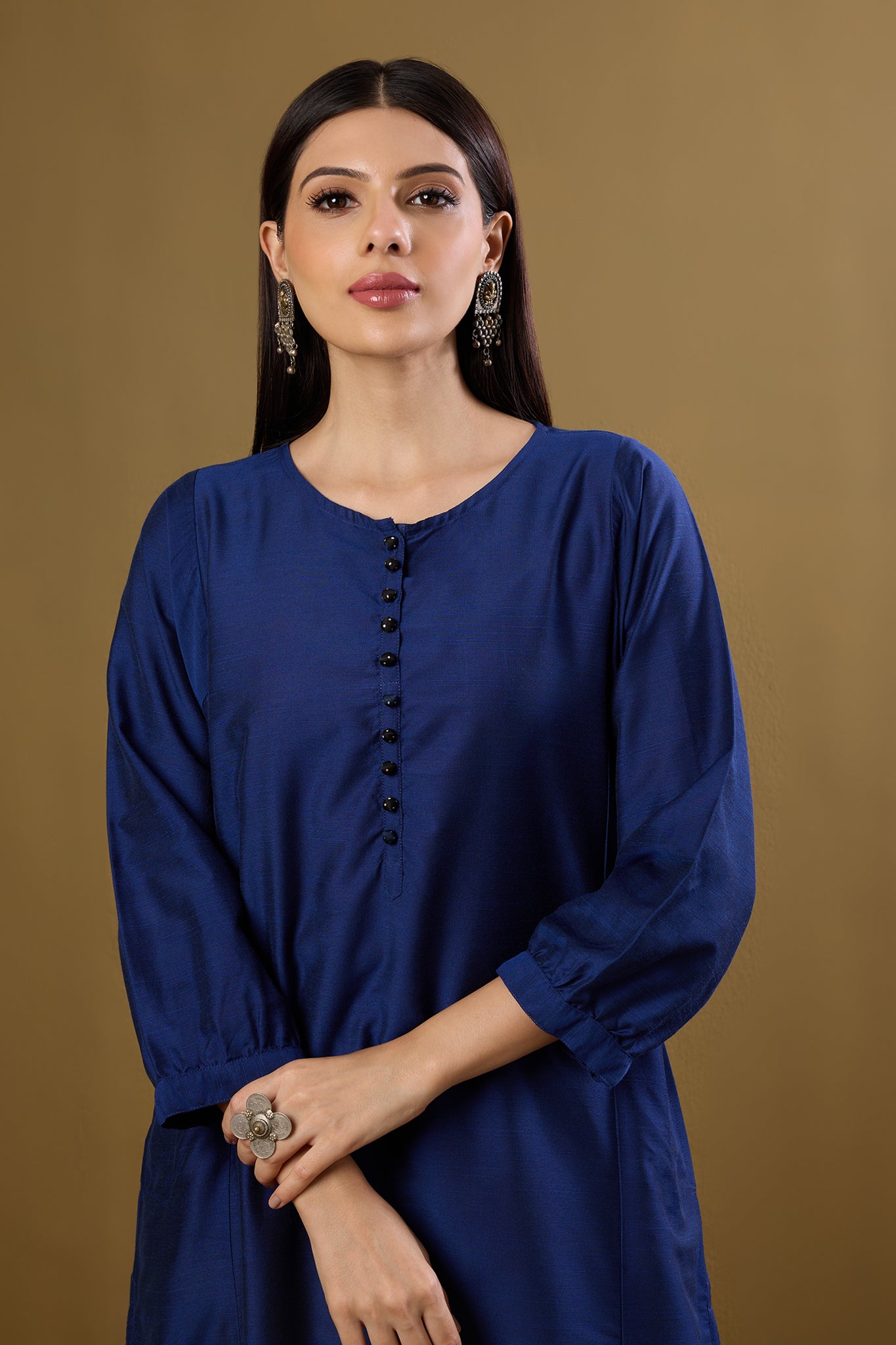 Deep Ink Round Hemline Silk Slub Kurta