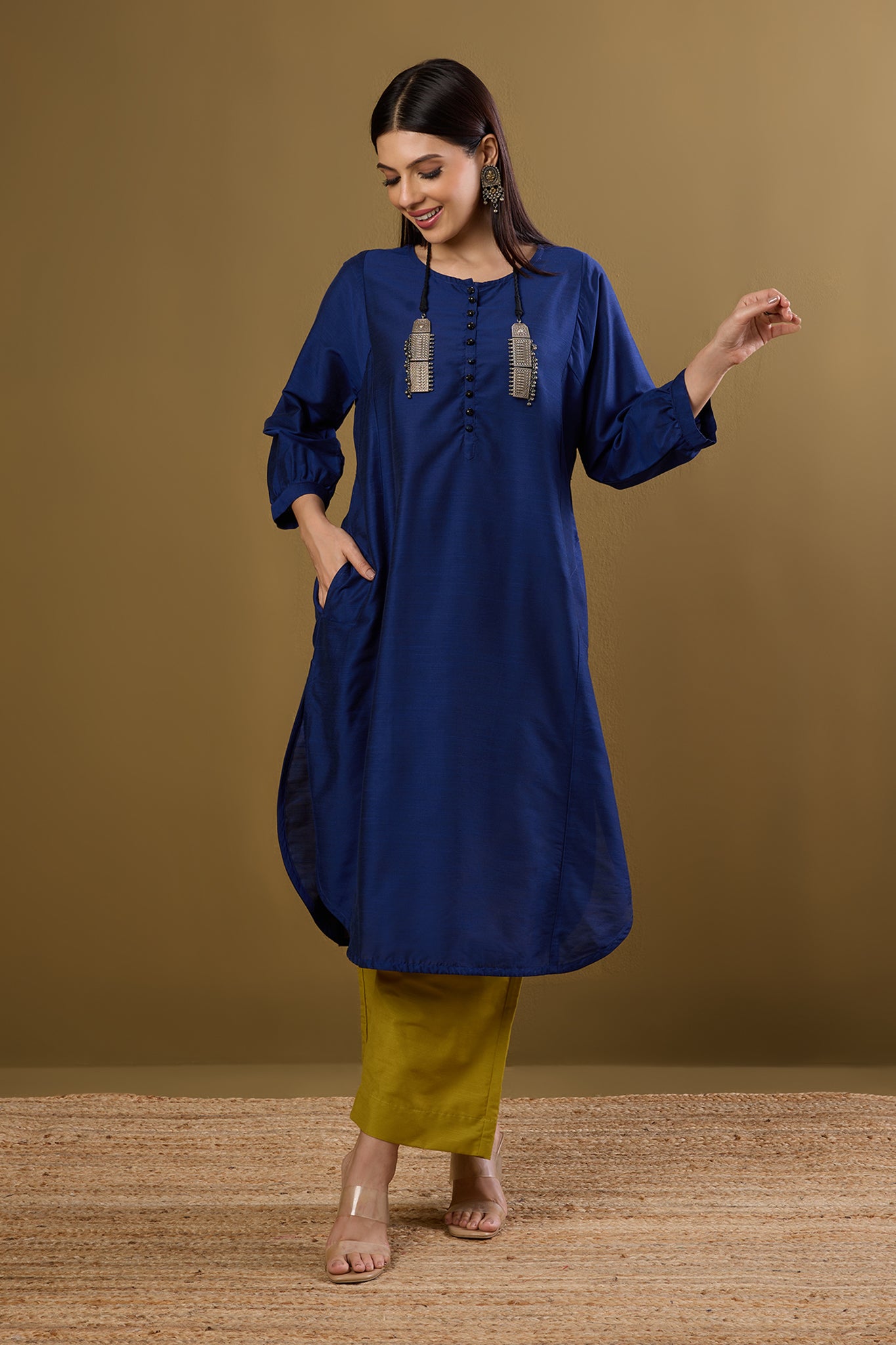 Deep Ink Round Hemline Silk Slub Kurta