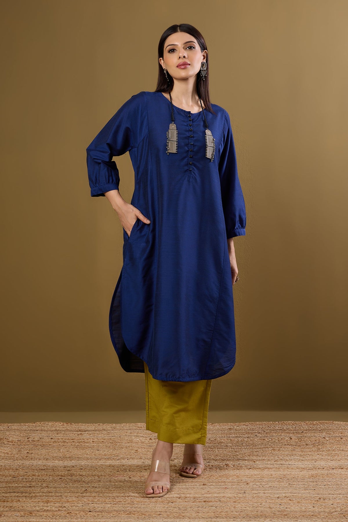 Deep Ink Round Hemline Silk Slub Kurta