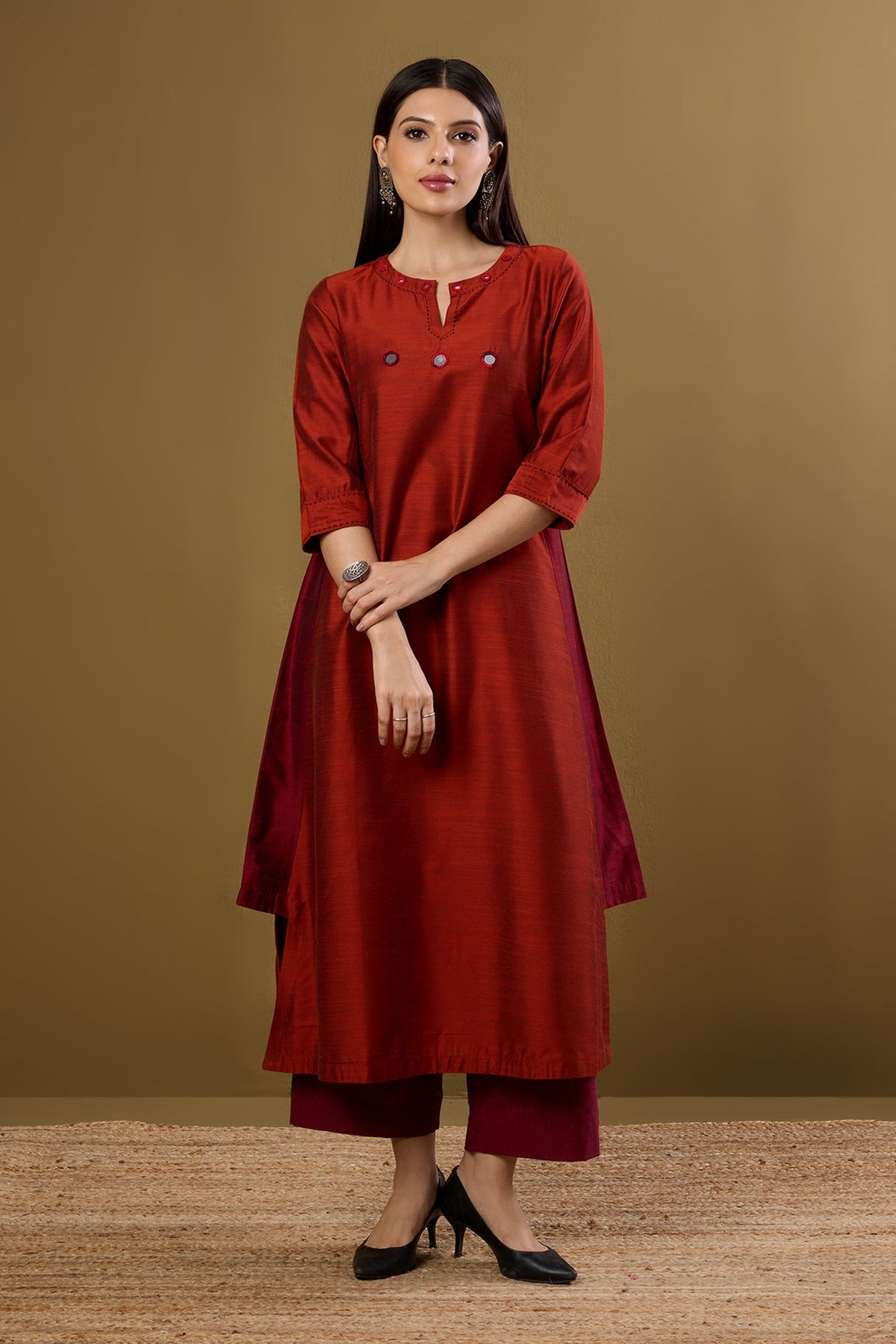 Copper Ember Silk Slub Long Kurta With Side Twist
