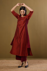 Copper Ember Silk Slub Long Kurta With Side Twist