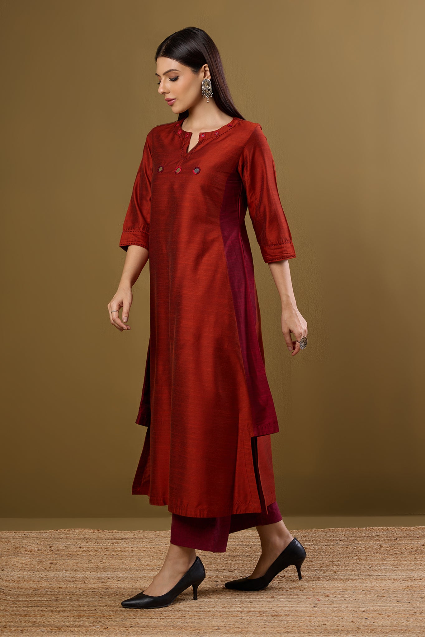 Copper Ember Silk Slub Long Kurta With Side Twist