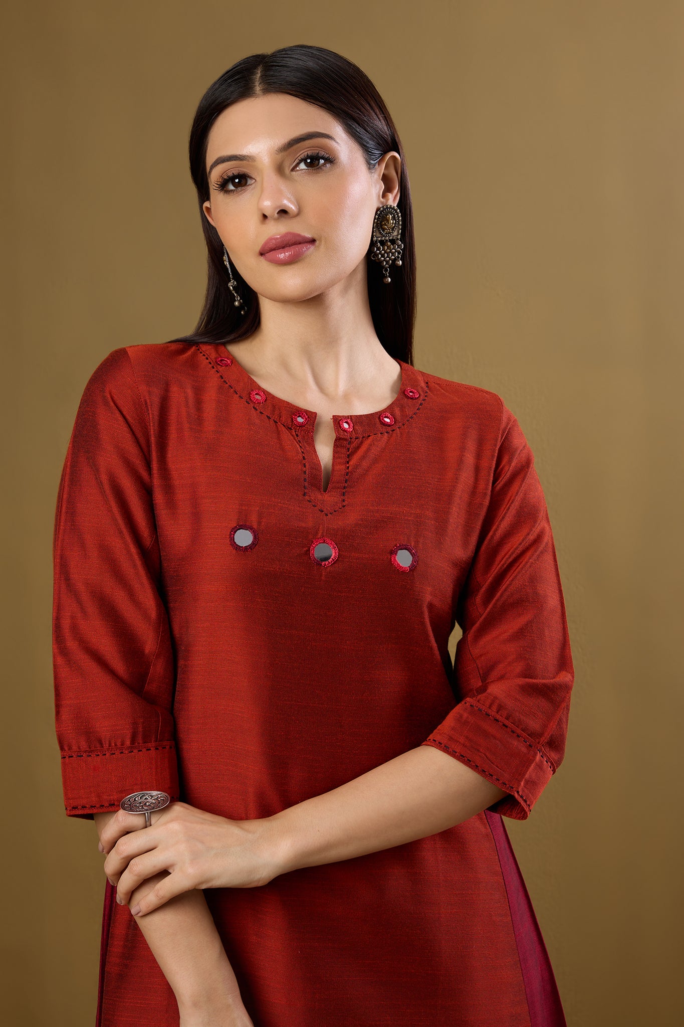 Copper Ember Silk Slub Long Kurta With Side Twist