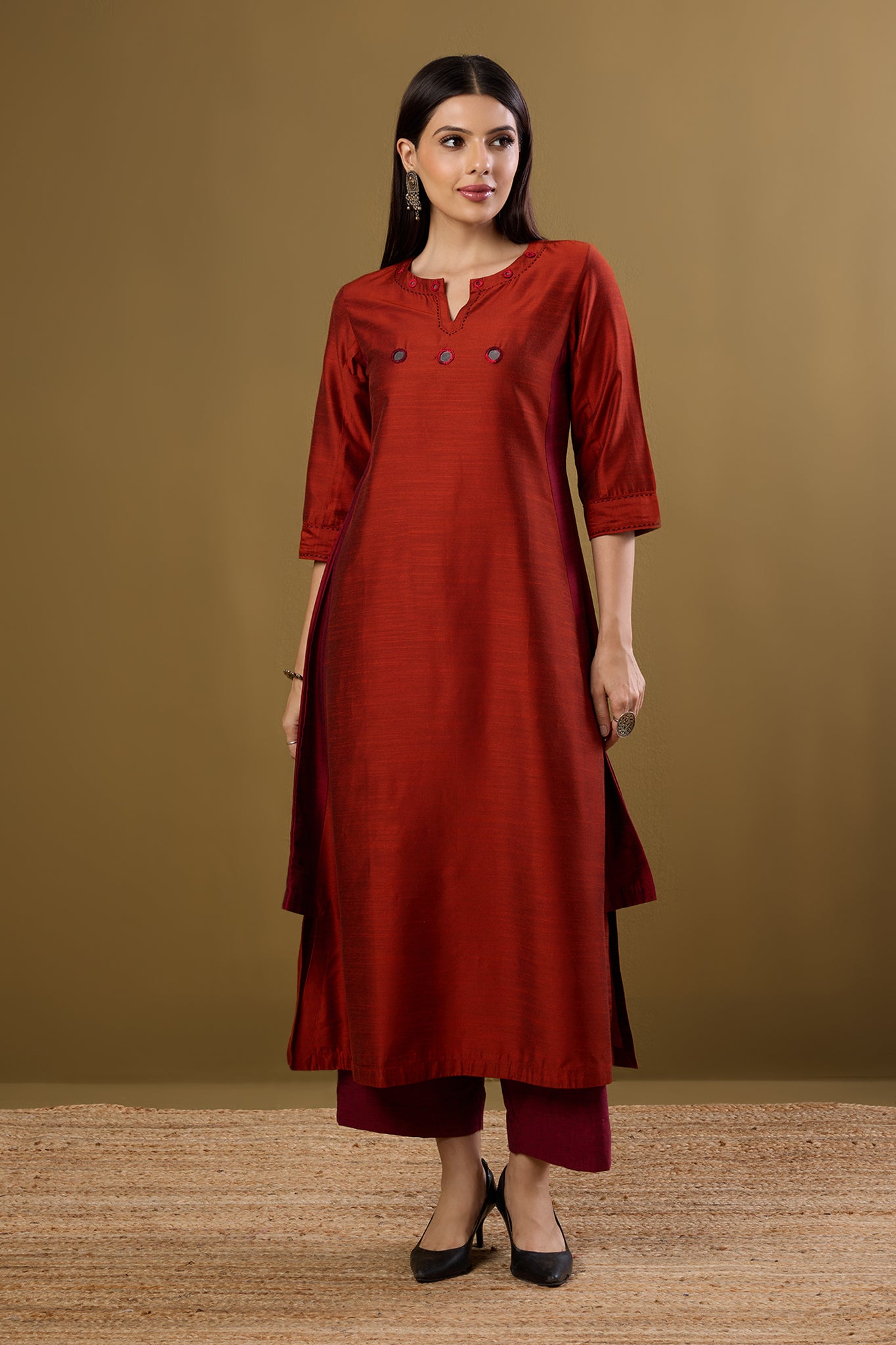 Copper Ember Silk Slub Long Kurta With Side Twist