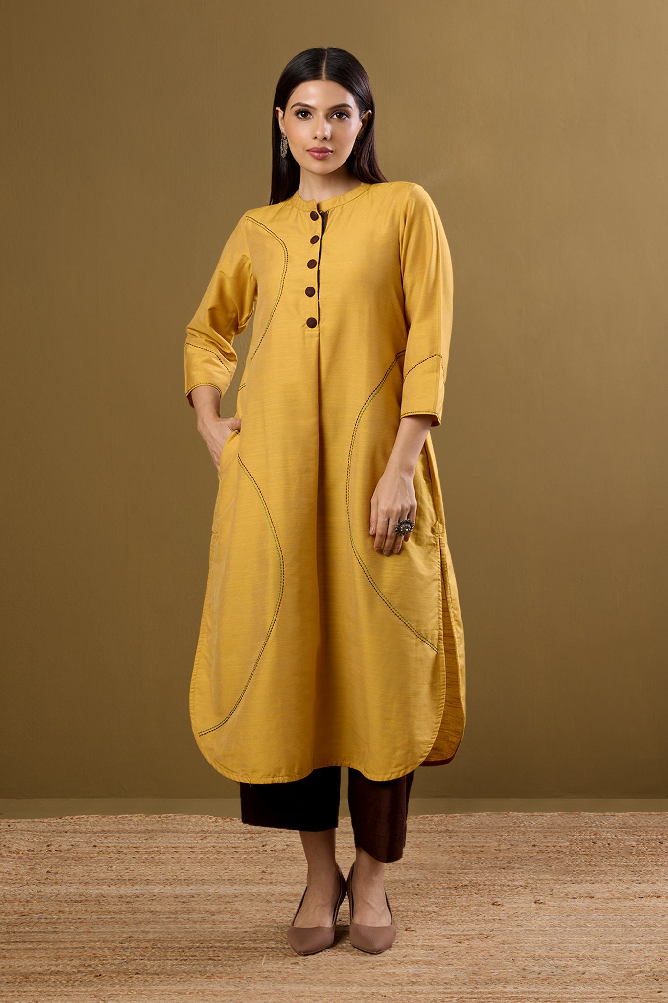 Golden Dawn Stand Collar Kurta with Round Hemline