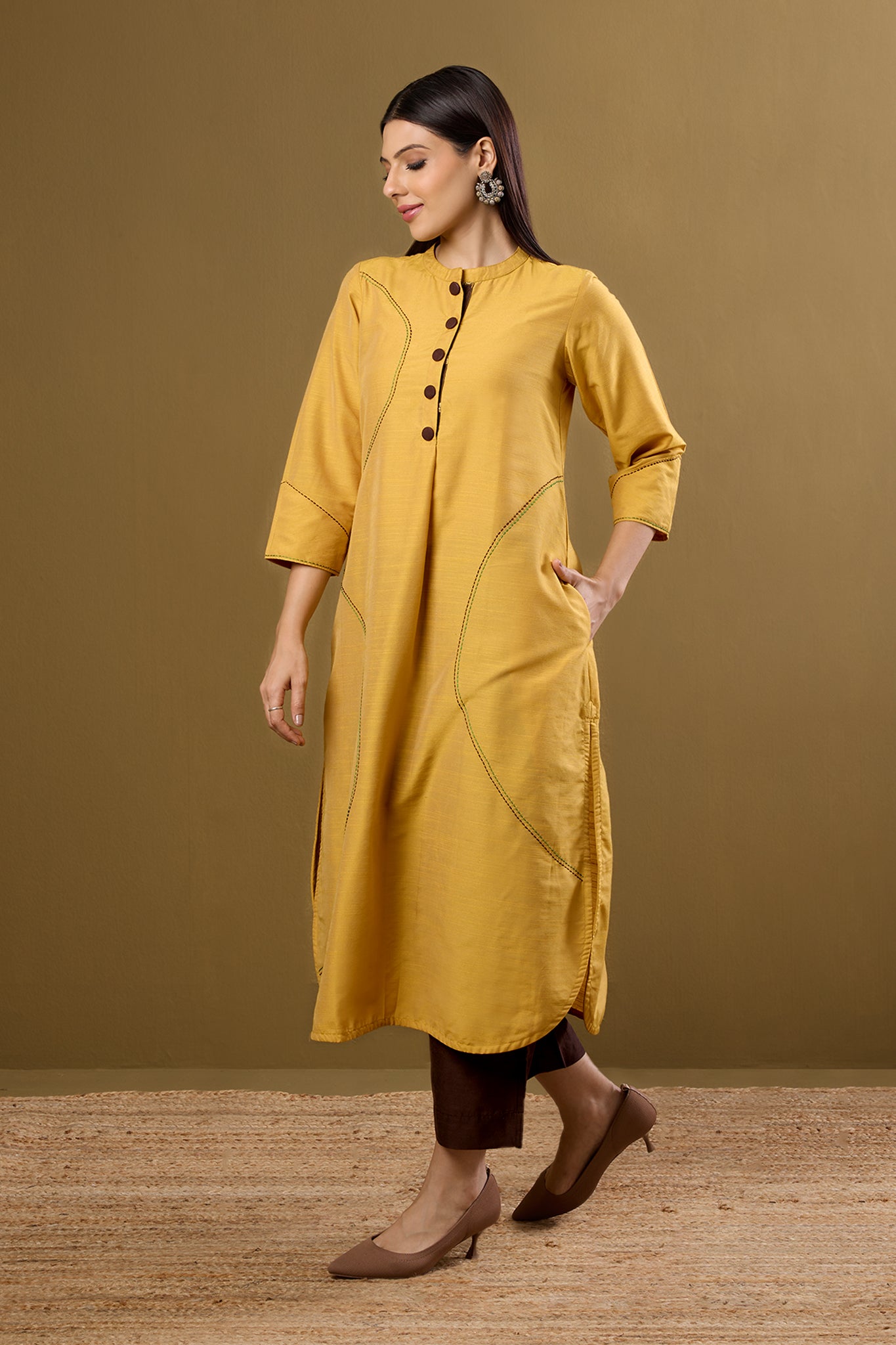Golden Dawn Stand Collar Kurta with Round Hemline