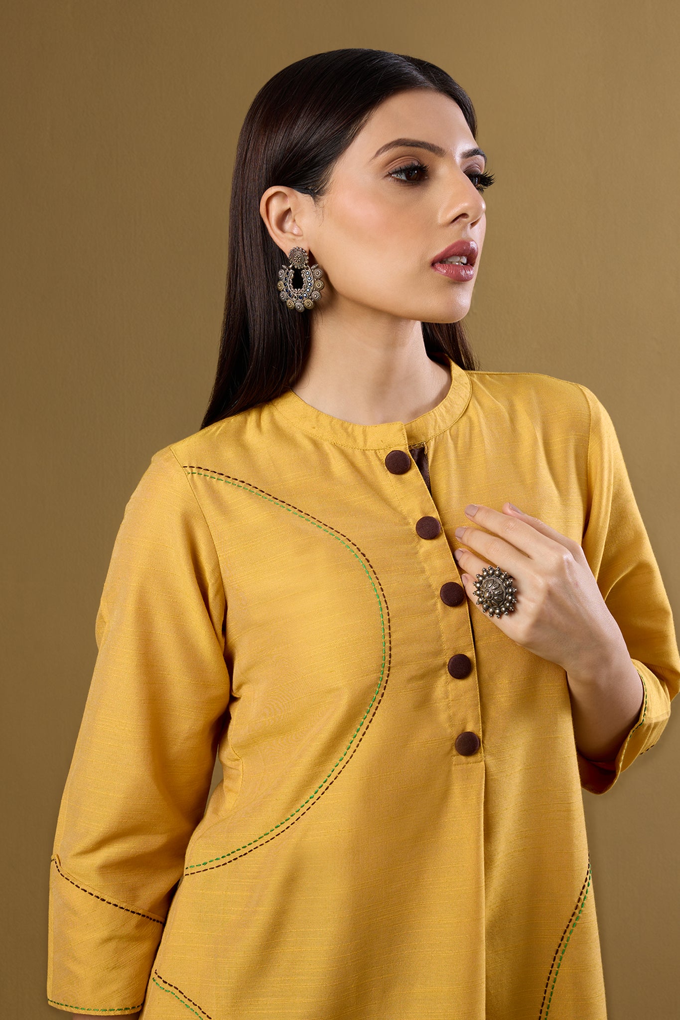 Golden Dawn Stand Collar Kurta with Round Hemline