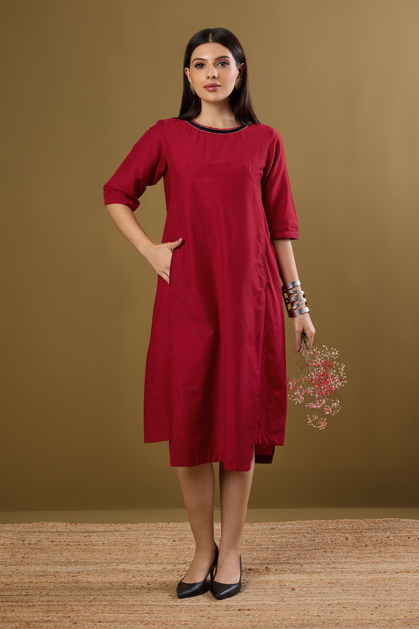 Cherry & Gold Mist Side Bias Shift Dress