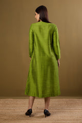 Forest Spice Silk Slub One Side Pleated Button Down Dress