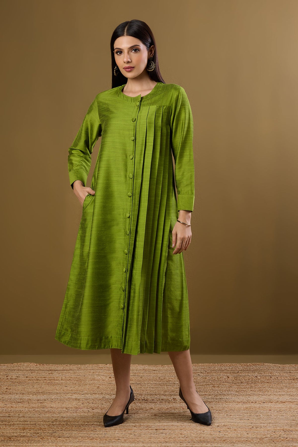 Forest Spice Silk Slub One Side Pleated Button Down Dress