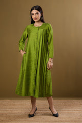Forest Spice Silk Slub One Side Pleated Button Down Dress