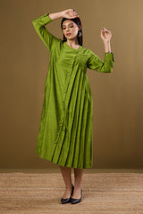 Forest Spice Silk Slub One Side Pleated Button Down Dress