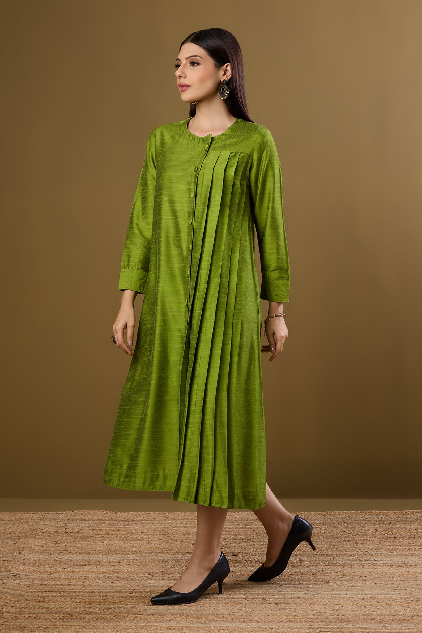 Forest Spice Silk Slub One Side Pleated Button Down Dress