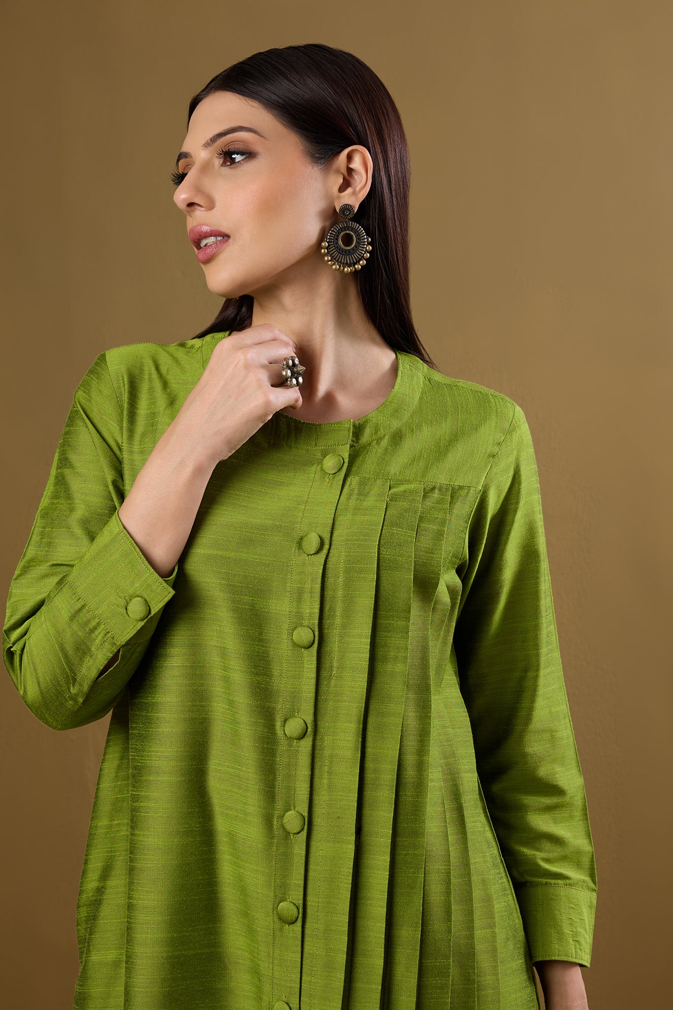 Forest Spice Silk Slub One Side Pleated Button Down Dress