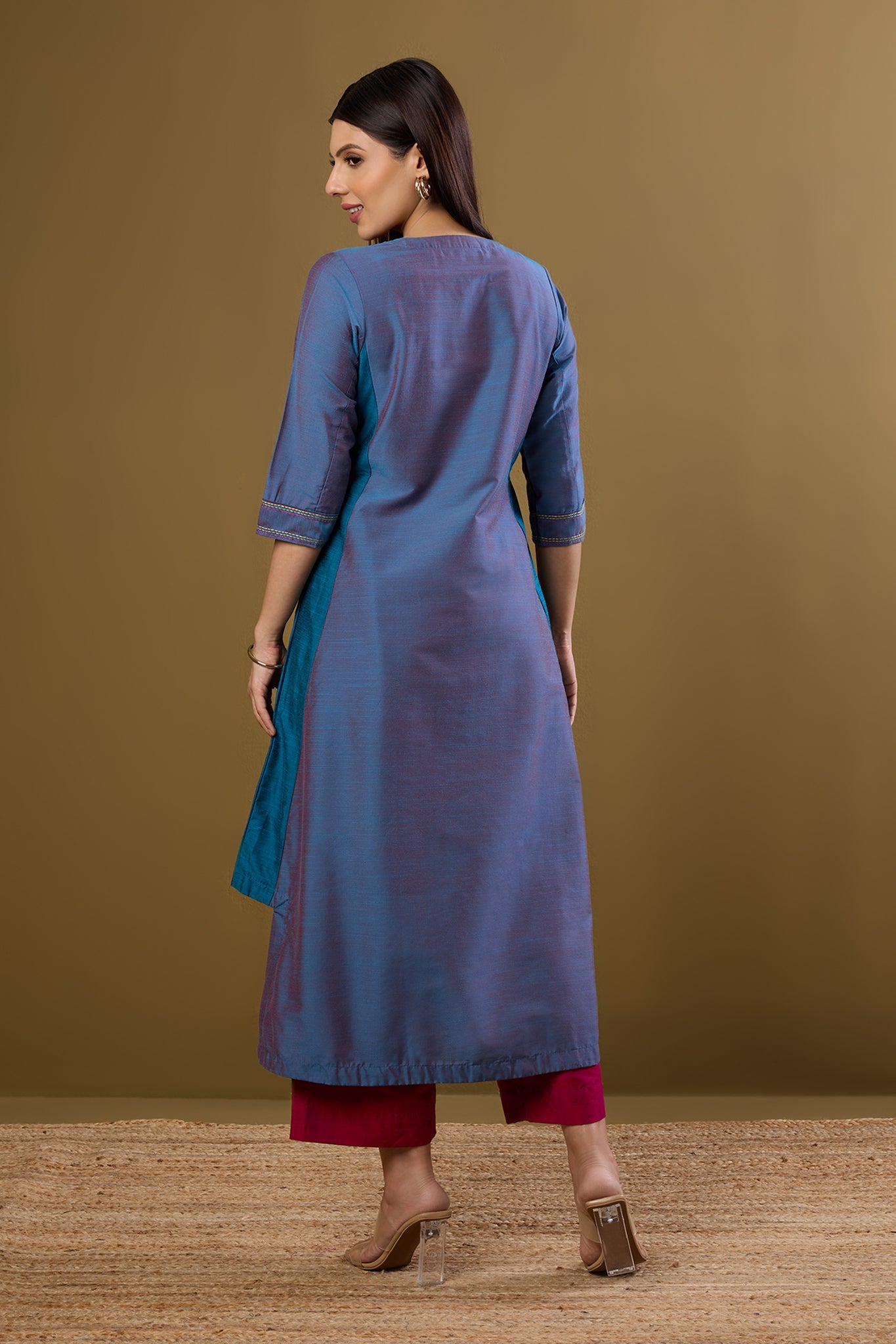 Afterglow in Indigo Silk Slub Long Kurta With Side Twist