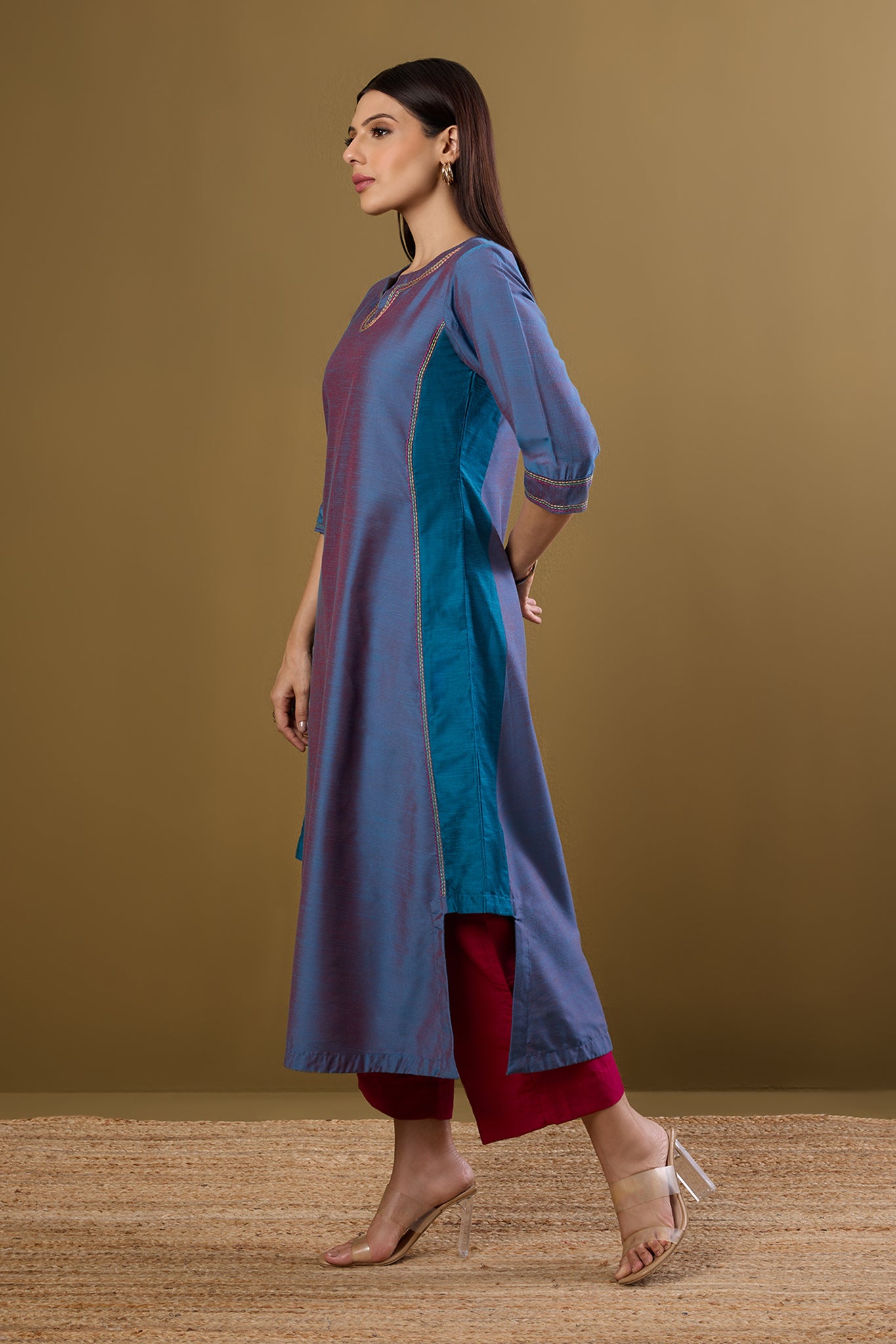 Afterglow in Indigo Silk Slub Long Kurta With Side Twist
