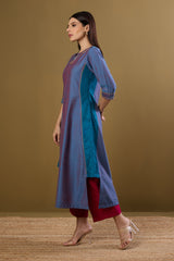 Afterglow in Indigo Silk Slub Long Kurta With Side Twist