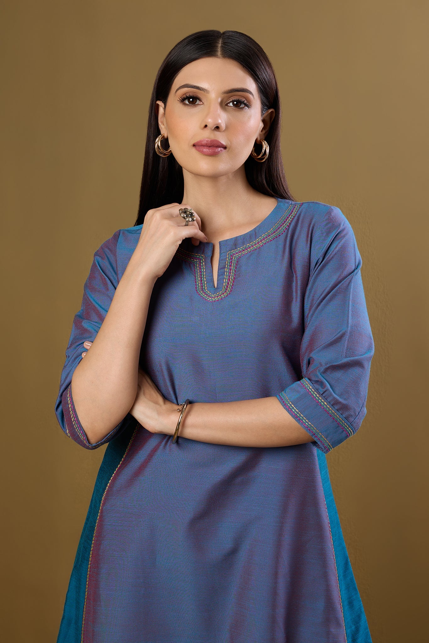 Afterglow in Indigo Silk Slub Long Kurta With Side Twist