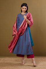 Afterglow in Indigo Silk Slub Long Kurta With Side Twist