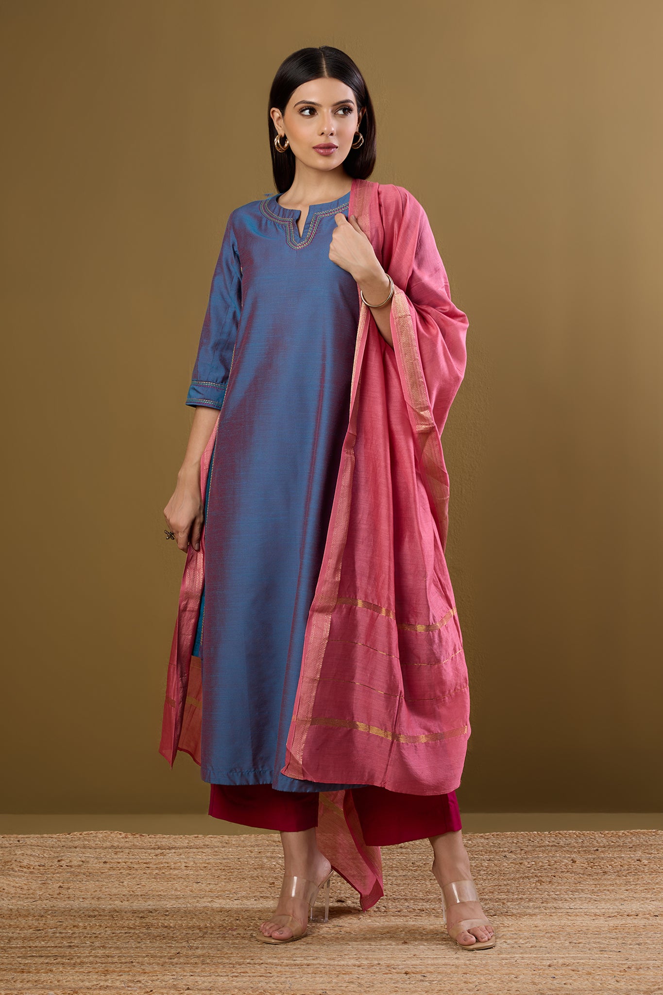 Afterglow in Indigo Silk Slub Long Kurta With Side Twist