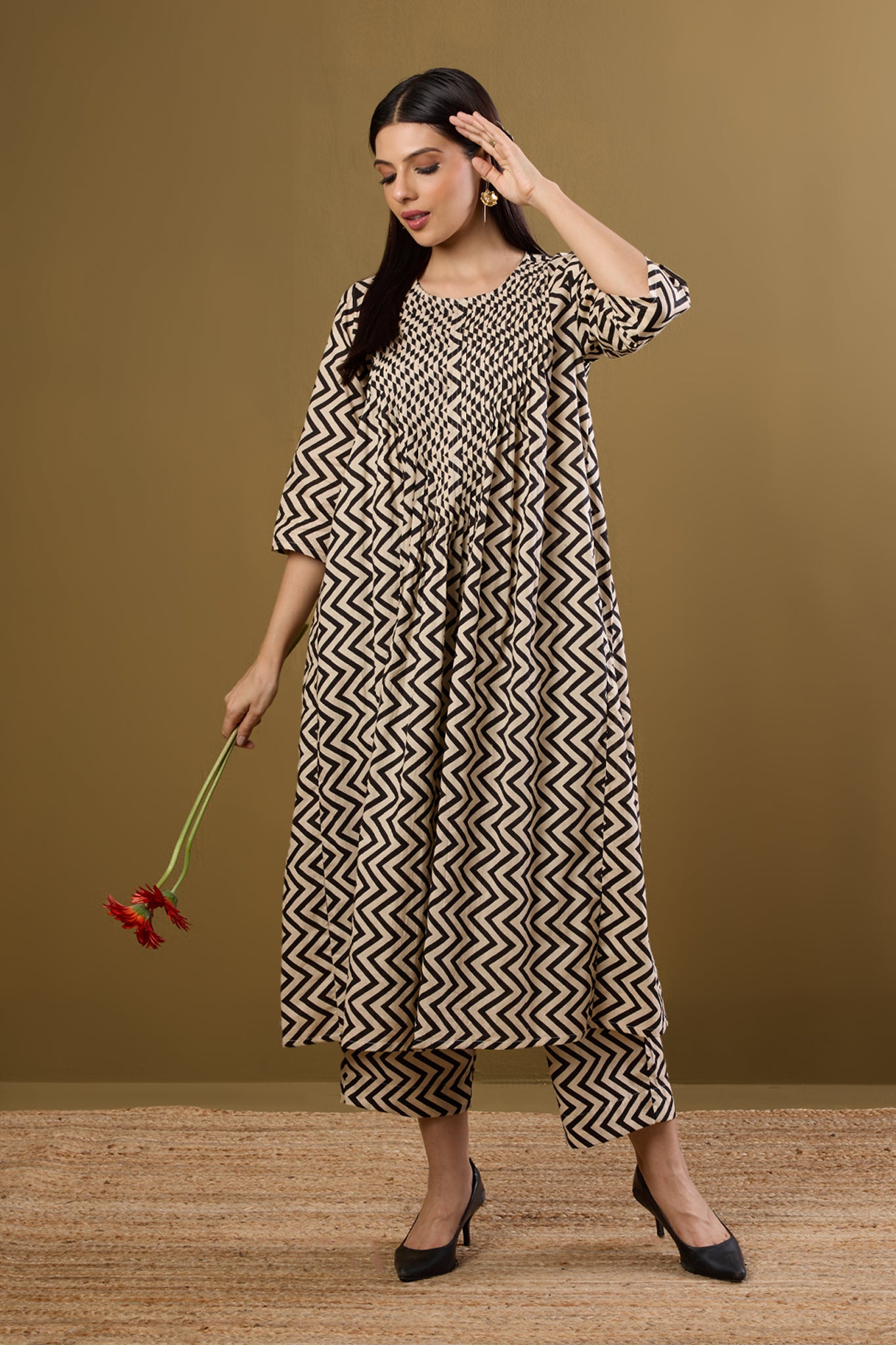 Co-ord Set Bold Noir Chevron Pintuck Long Dress & Pants