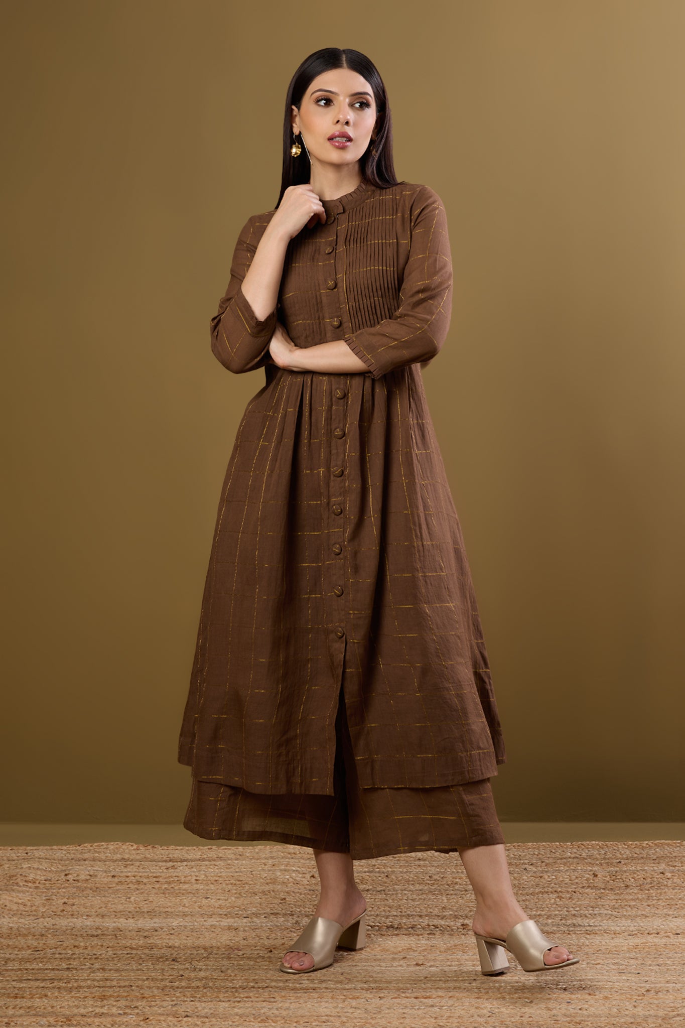 Bronze Gridsong Checkered Pleated Pintuck Button Down Dress