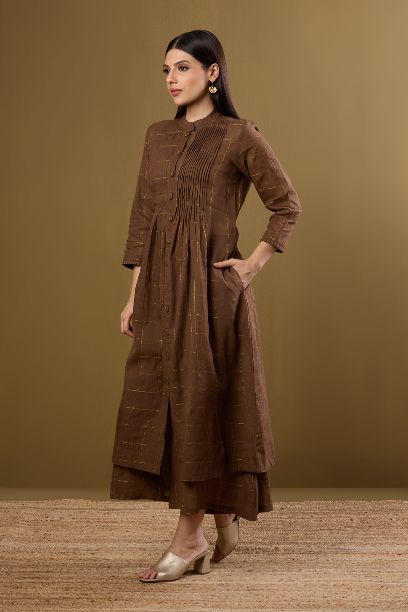Bronze Gridsong Checkered Pleated Pintuck Button Down Dress