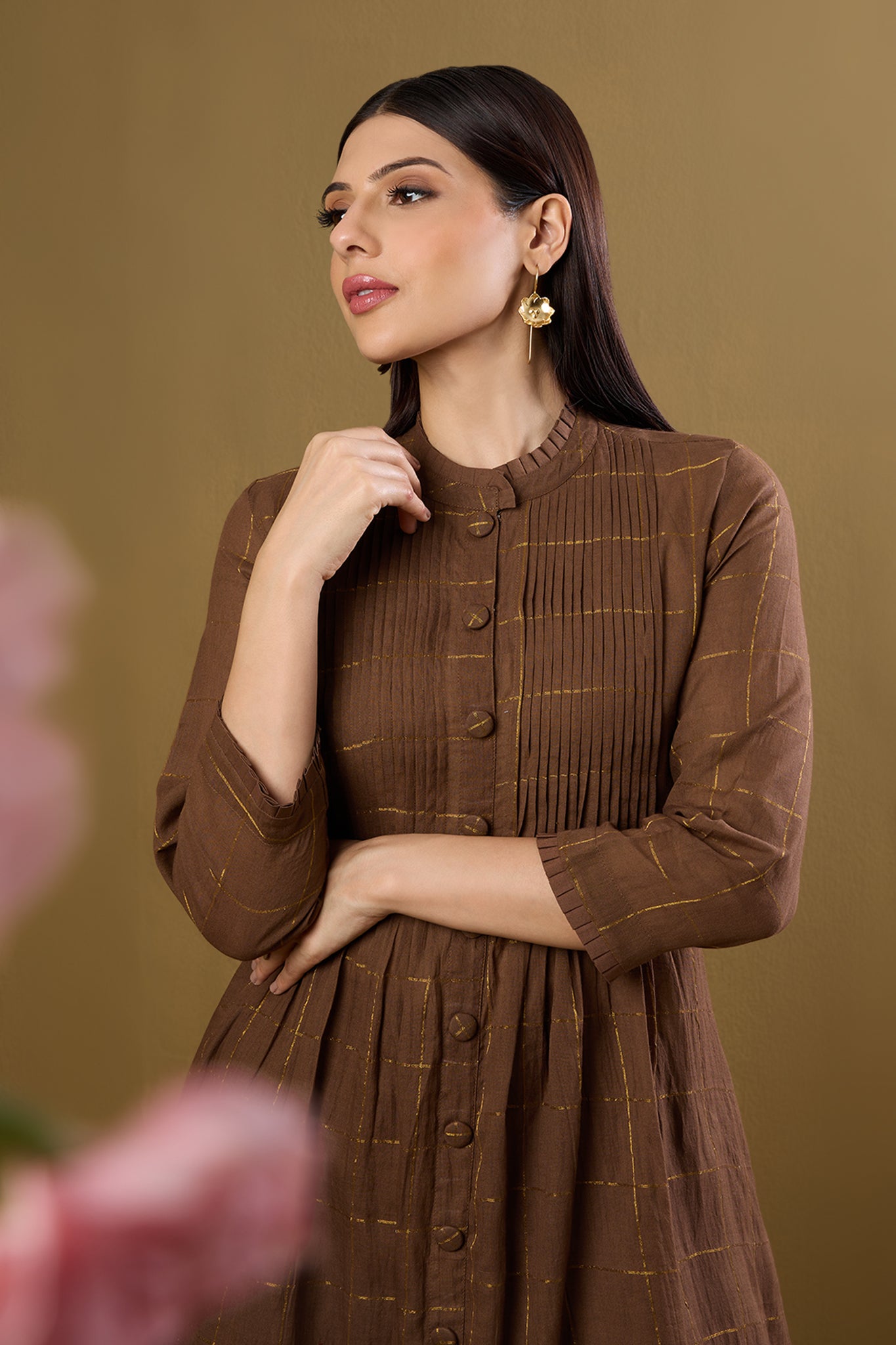 Bronze Gridsong Checkered Pleated Pintuck Button Down Dress