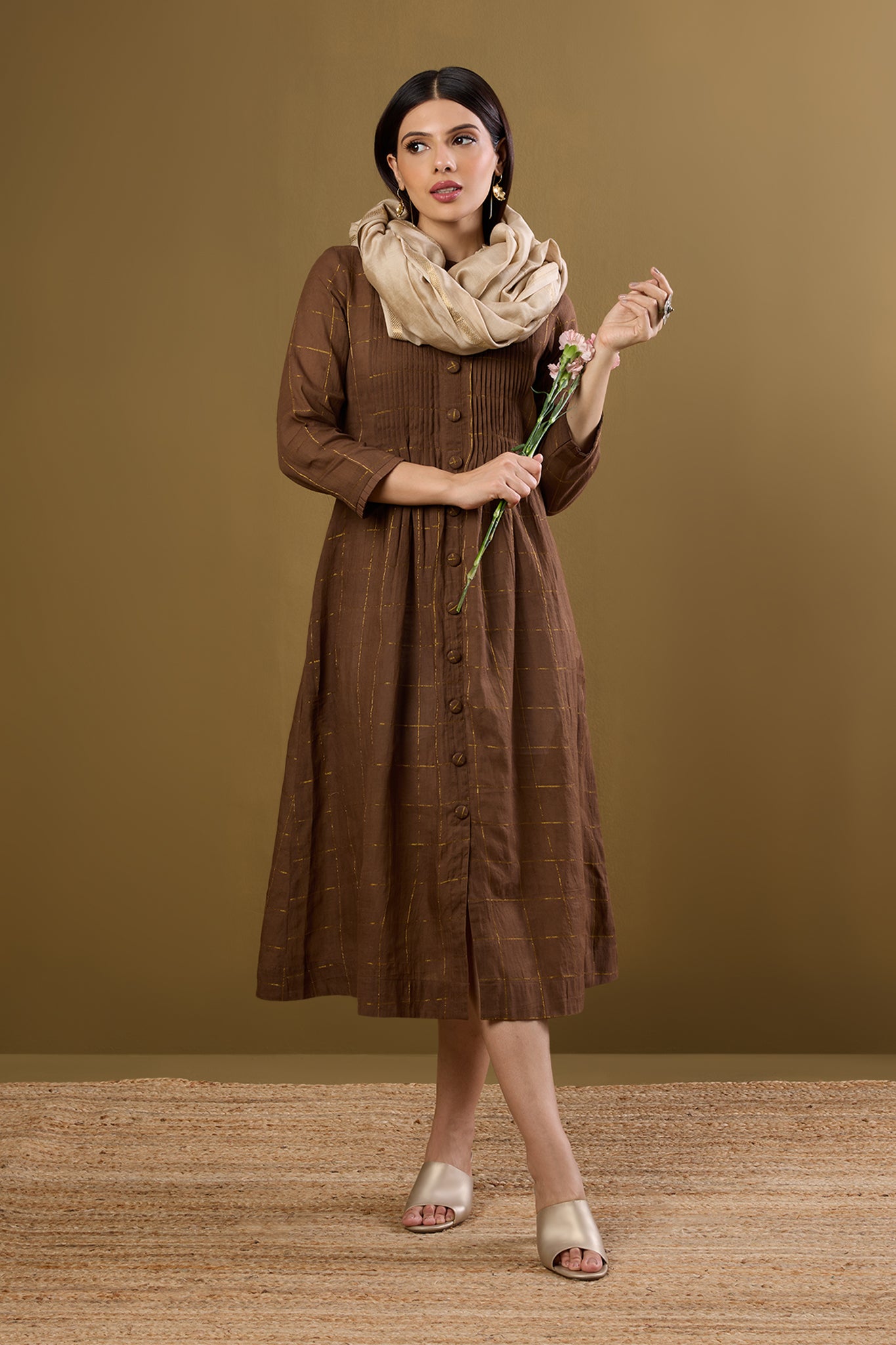 Bronze Gridsong Checkered Pleated Pintuck Button Down Dress