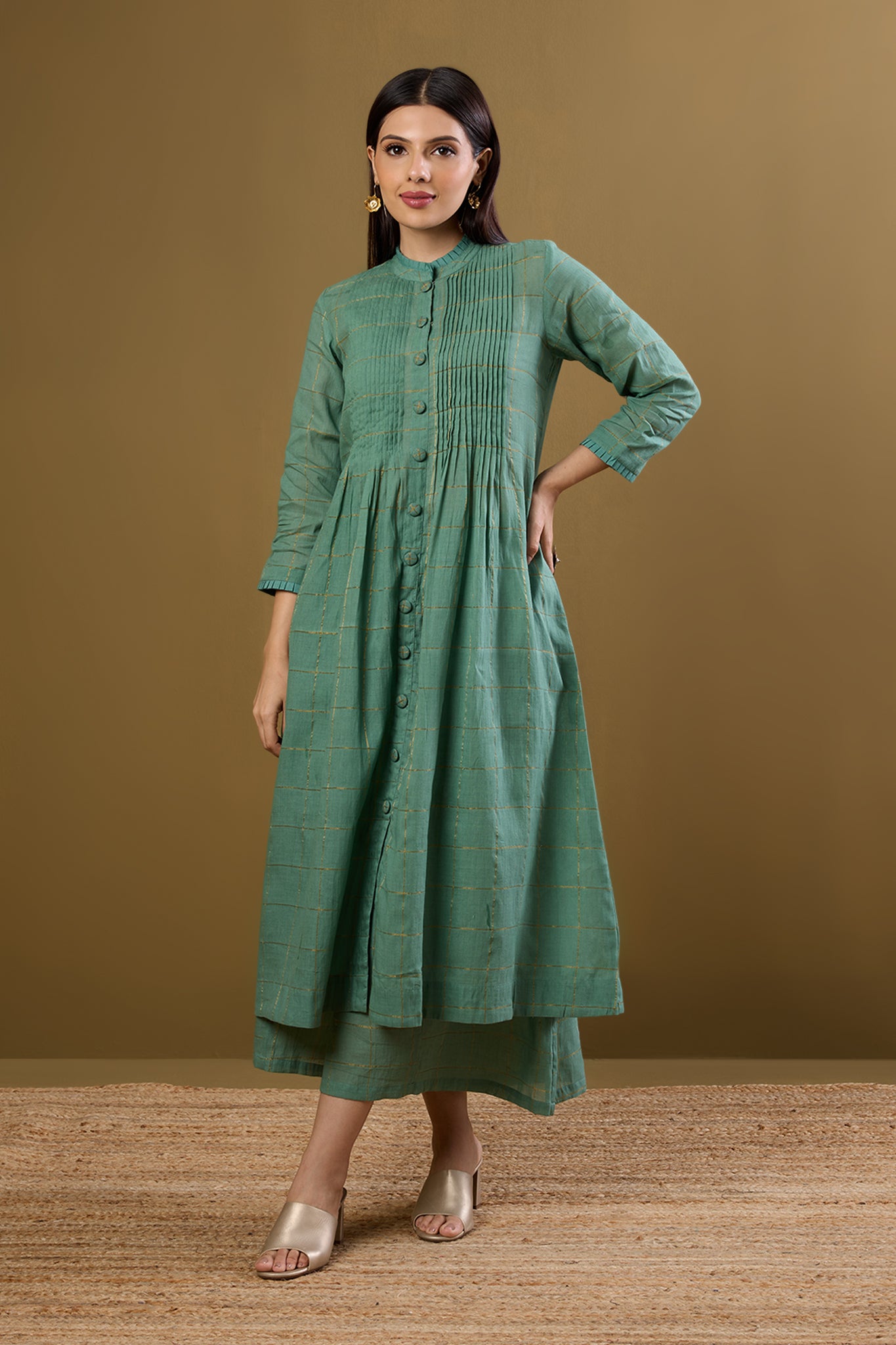 Frosted Gridsong Checkered Pleated Pintuck Button Down Dress