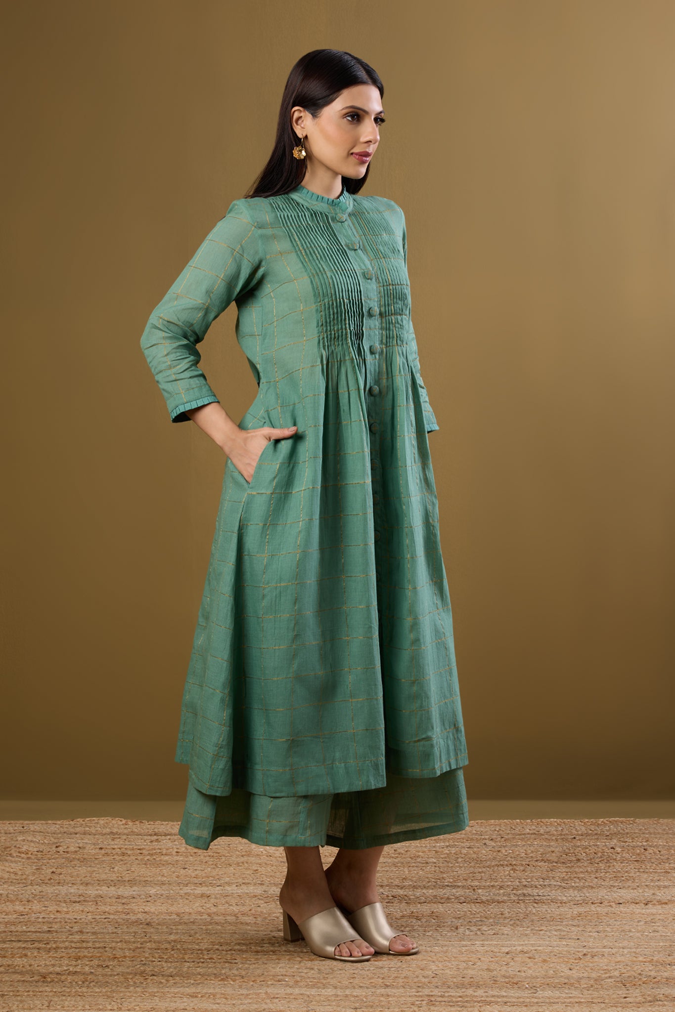 Frosted Gridsong Checkered Pleated Pintuck Button Down Dress