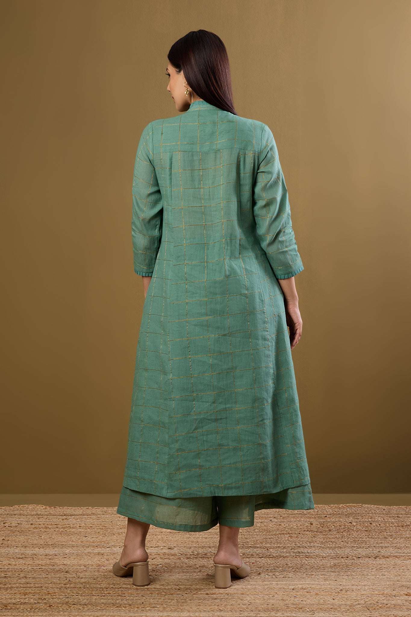 Frosted Gridsong Checkered Pleated Pintuck Button Down Dress