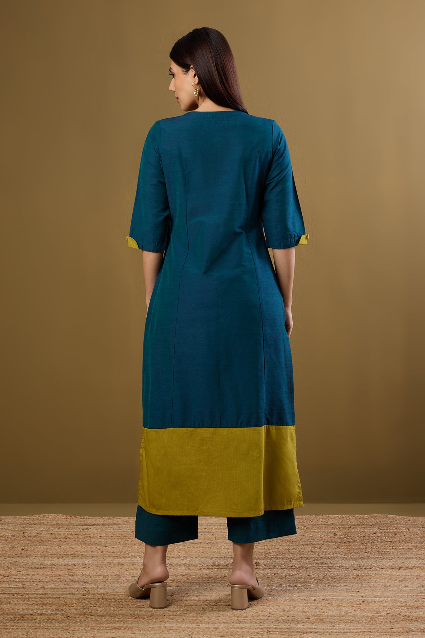 Firelight Blue & Gold Silk Slub Long Panelled Kurta with Slit