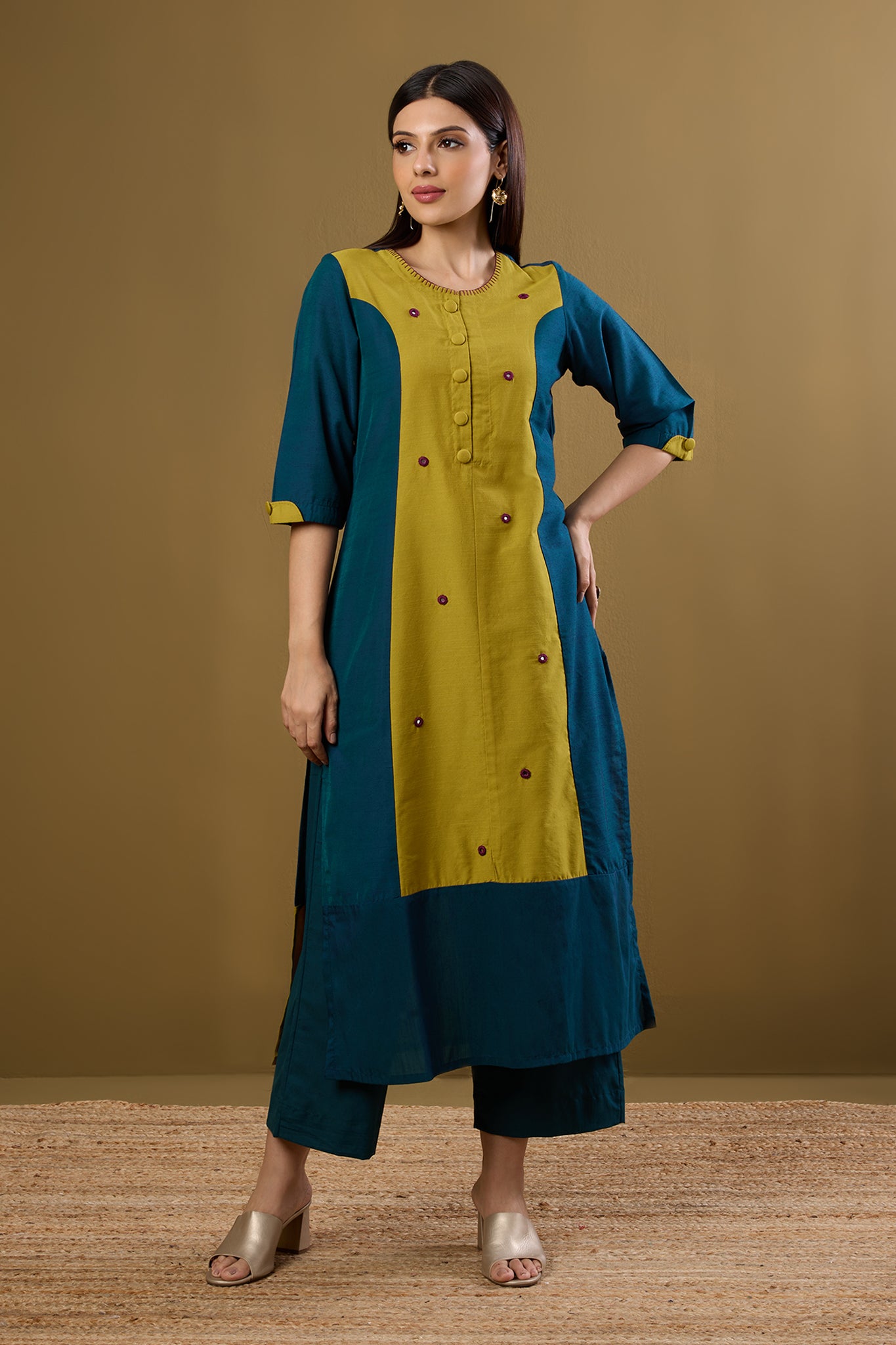 Firelight Blue & Gold Silk Slub Long Panelled Kurta with Slit