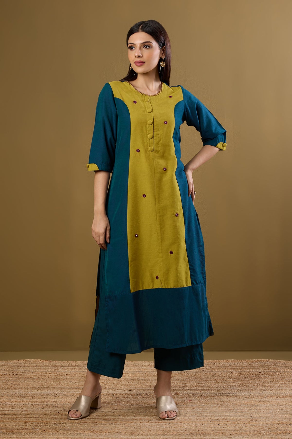 Firelight Blue & Gold Silk Slub Long Panelled Kurta with Slit