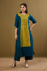 Firelight Blue & Gold Silk Slub Long Panelled Kurta with Slit