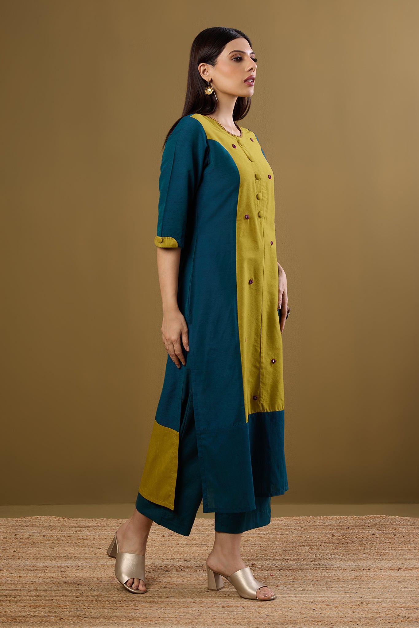 Firelight Blue & Gold Silk Slub Long Panelled Kurta with Slit