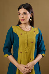 Firelight Blue & Gold Silk Slub Long Panelled Kurta with Slit