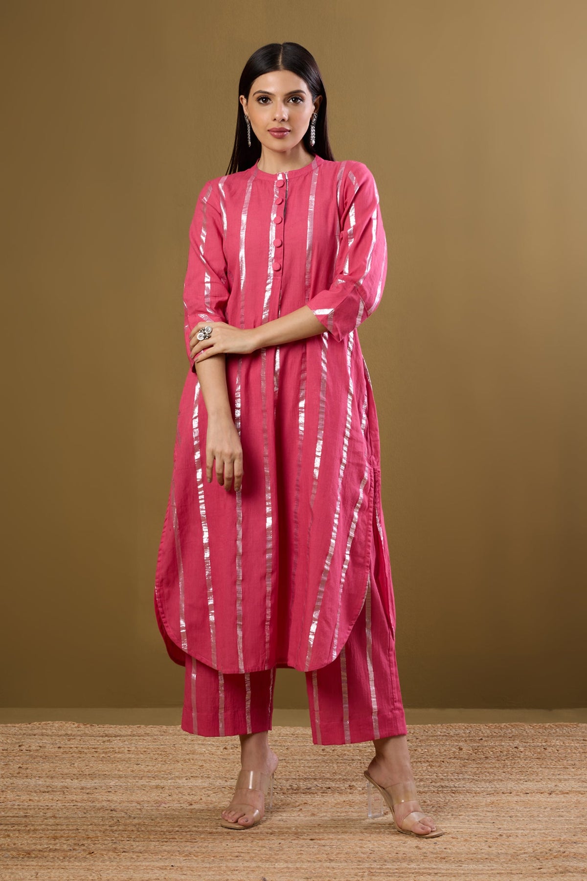 Co-ord Set Petal Pink & Moonbeam Silver Stand Collar Kurta with Round Hemline