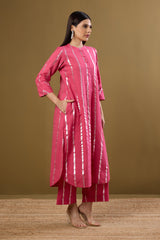 Co-ord Set Petal Pink & Moonbeam Silver Stand Collar Kurta with Round Hemline