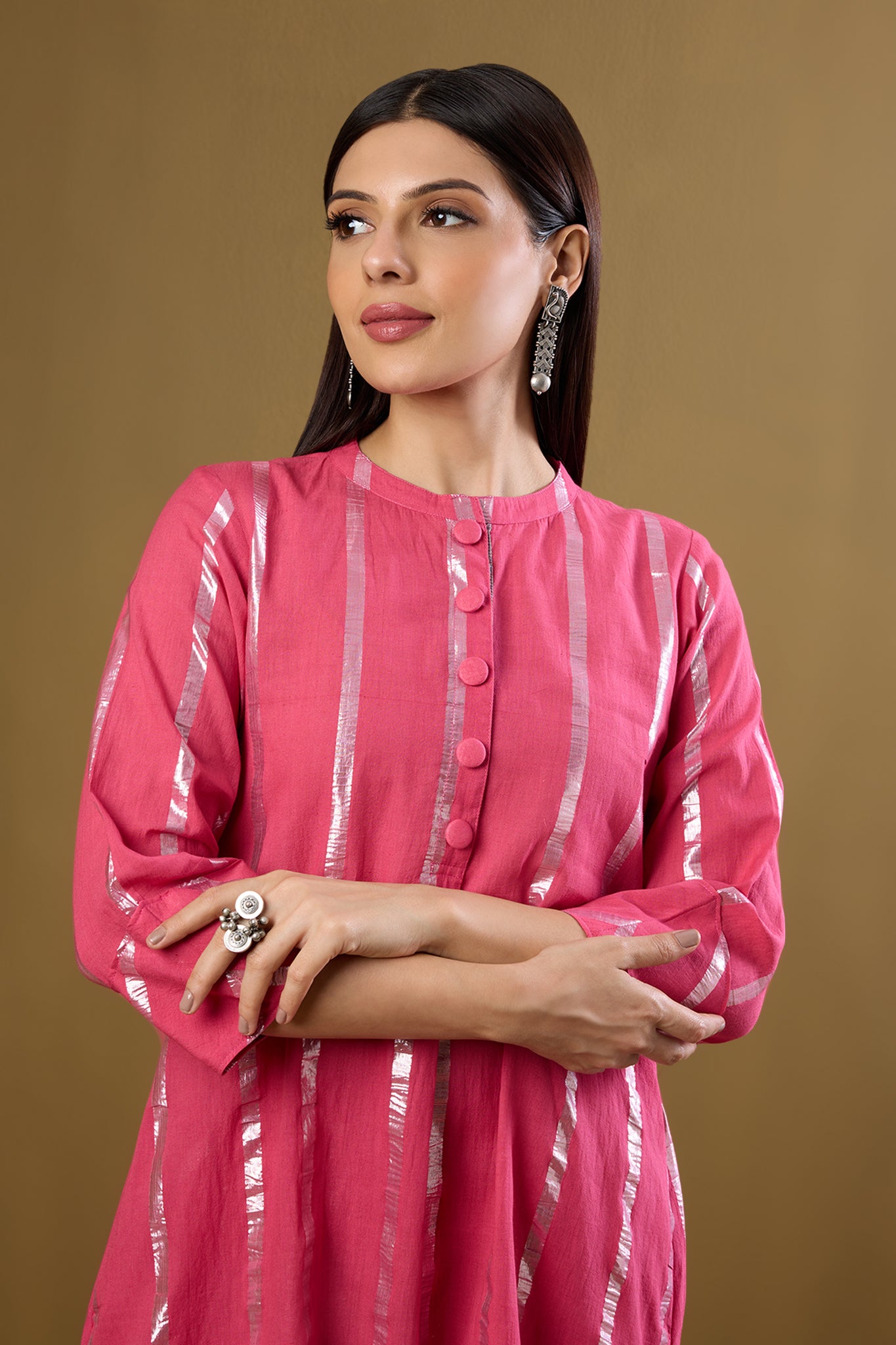 Co-ord Set Petal Pink & Moonbeam Silver Stand Collar Kurta with Round Hemline