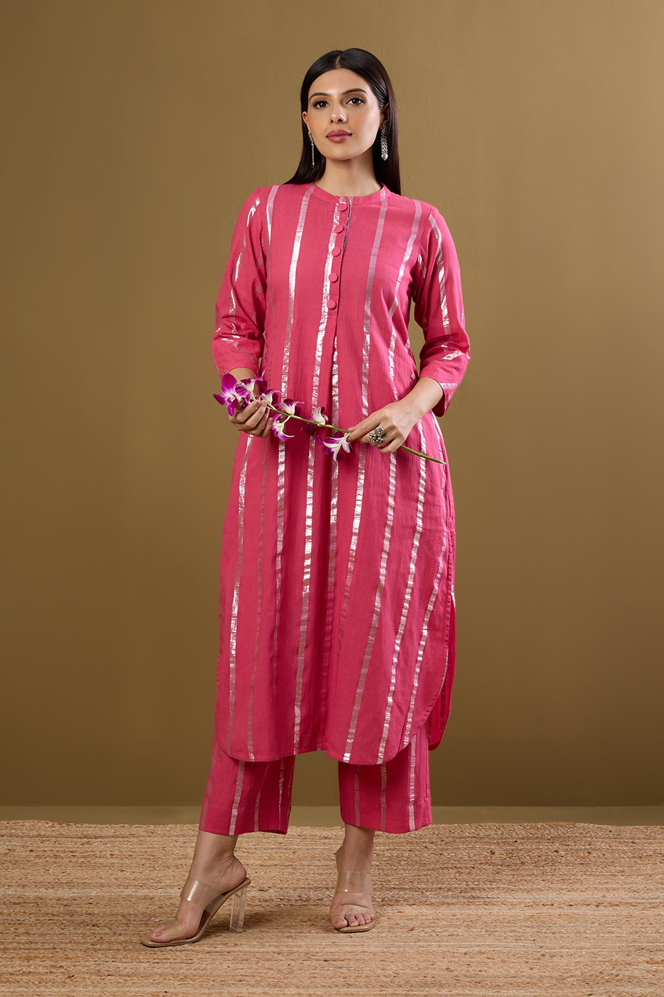 Co-ord Set Petal Pink & Moonbeam Silver Stand Collar Kurta with Round Hemline